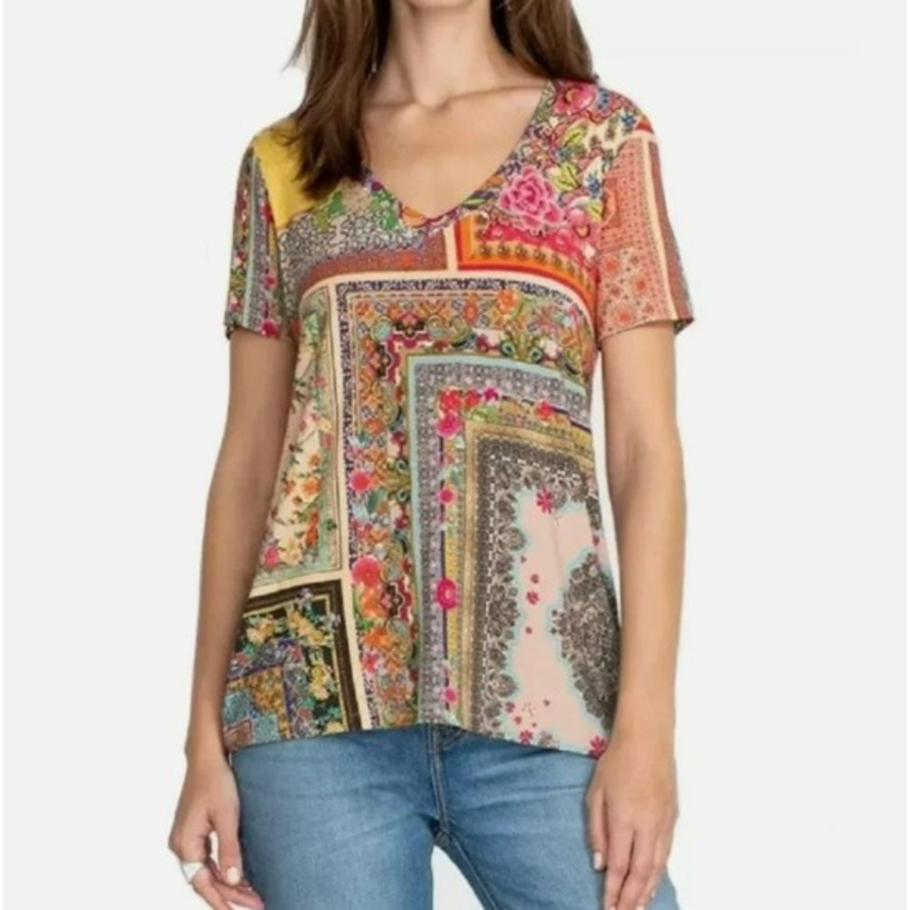 Johnny Was Calloway Favorite Short Sleeve V-Neck Tee Multi Patchwork Floral M